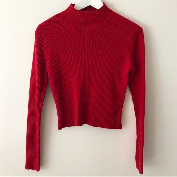 American Vintage Sweaters - vintage 90s Red Ribbed Mockneck Cropped Sweater
